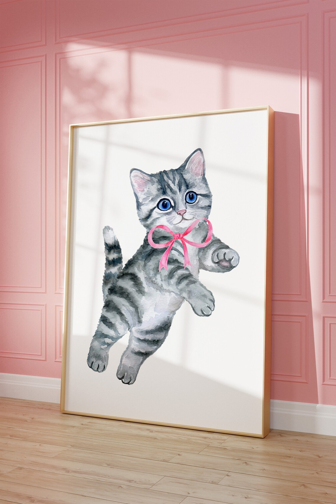 Playful Tabby Kitten with Pink Bow Watercolor Coquette Poster - Image 3