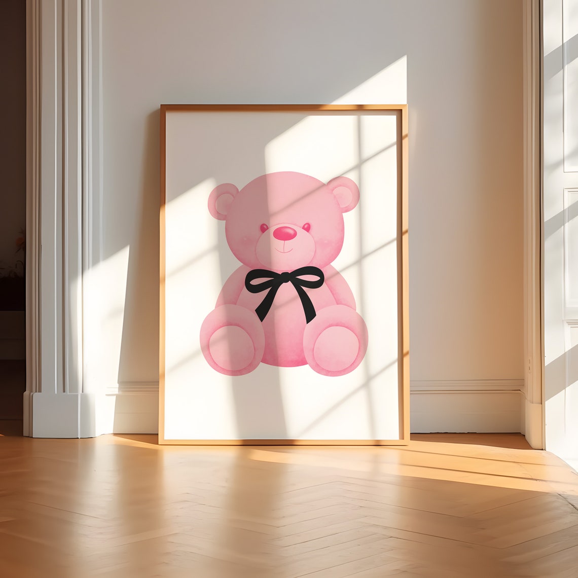 Pink Teddy Bear With Black Bow Cute Coquette Nursery Wall Art - Image 2