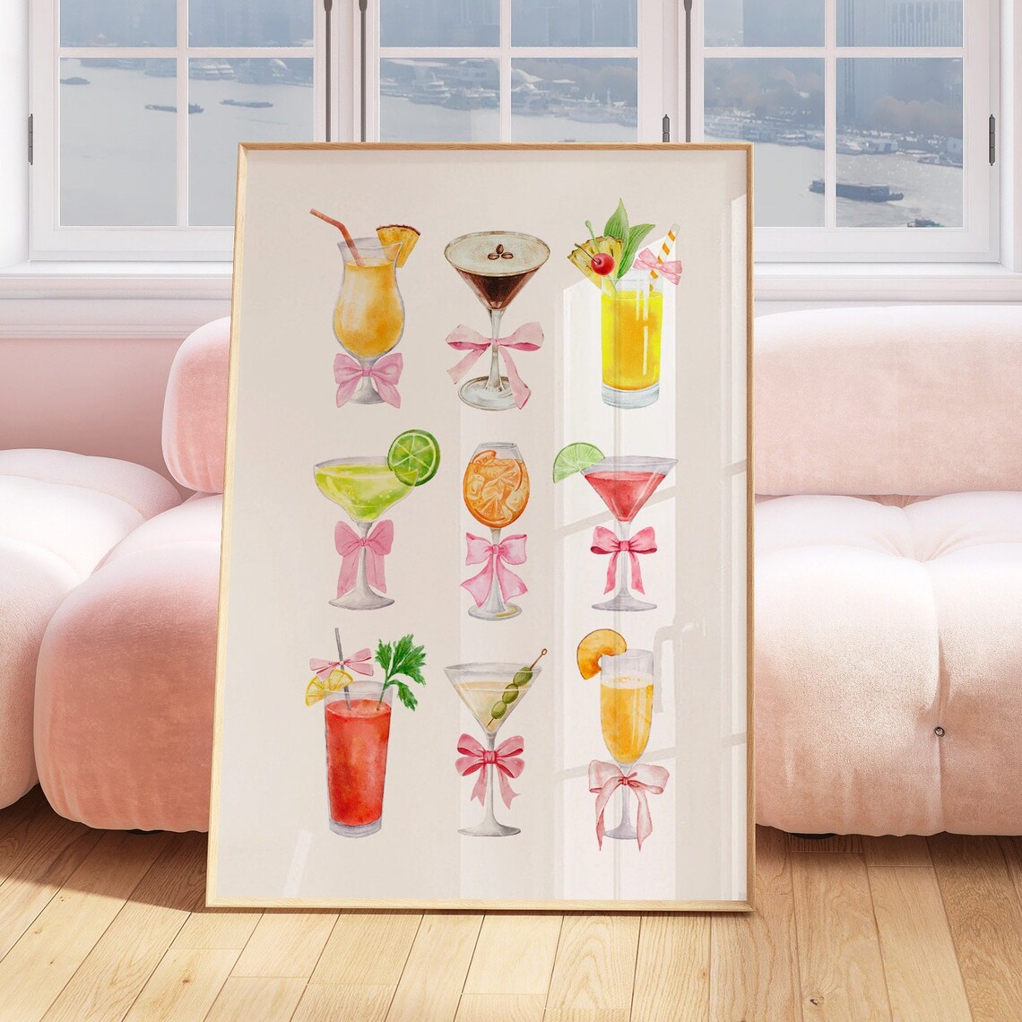Pink Bow Cocktail Collection Watercolor Bar Cart Party Art Print - Image 4