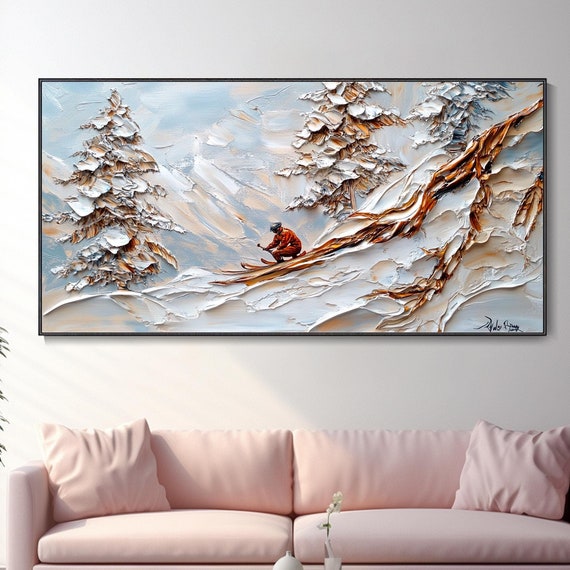 Original Framed 3d Skiing Sport Art Skiing Enthusiast Gift Textured Wall Art Personalized Present Ski Board Extreme Sports Painting