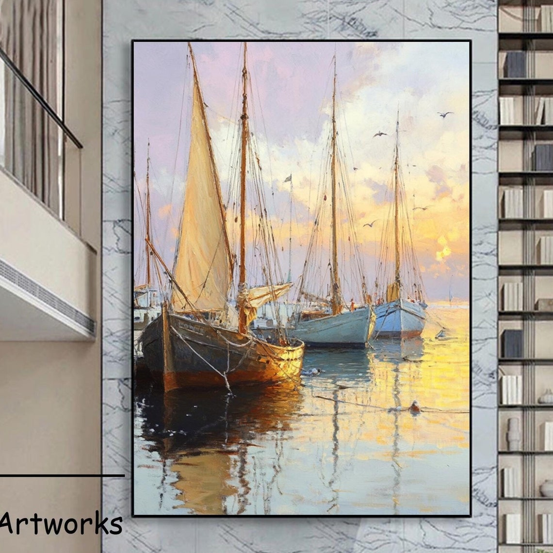 Original Nautical Oil Painting On Sailboat Landscape Painting Modern Seascape Art Sailboats Wall Art Living Room Wall Decor