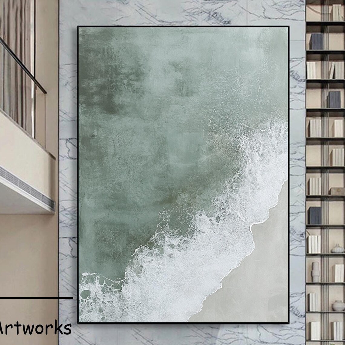Aerial Sage Green Ocean Wave White Foam Surf Art Wall Poster
