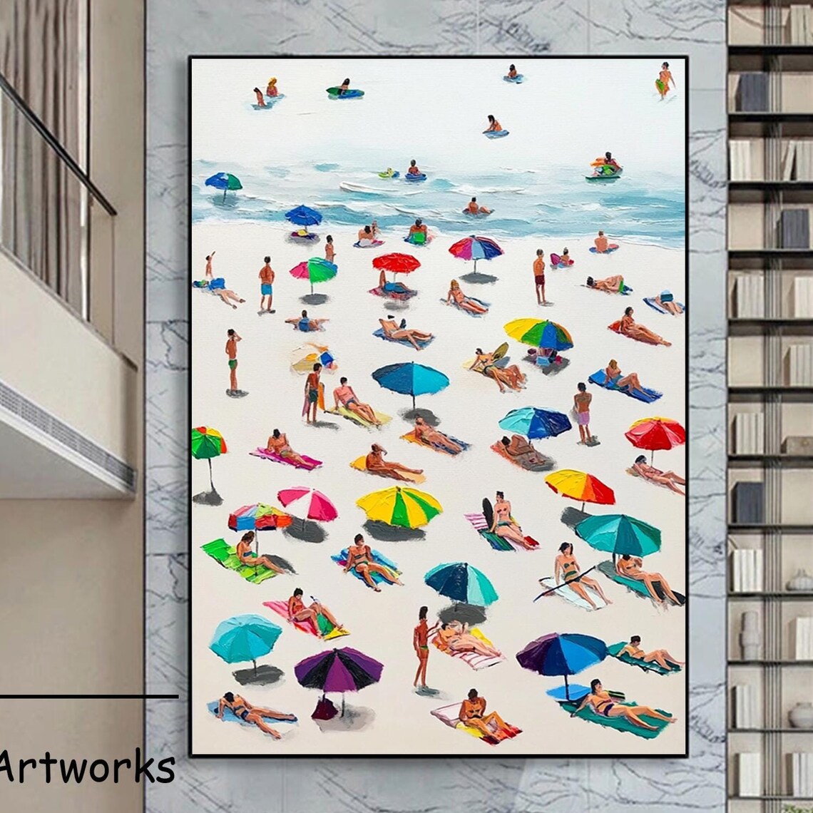 Sunny Beach Scene Colorful Umbrellas Surfers Summer Joy Art Poster