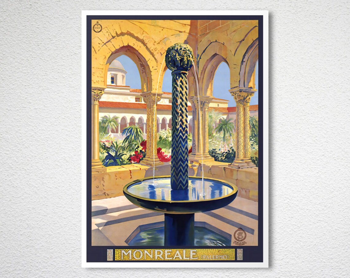 Monreale Palermo Sicily Cloister Fountain Vintage Travel Poster - Image 2