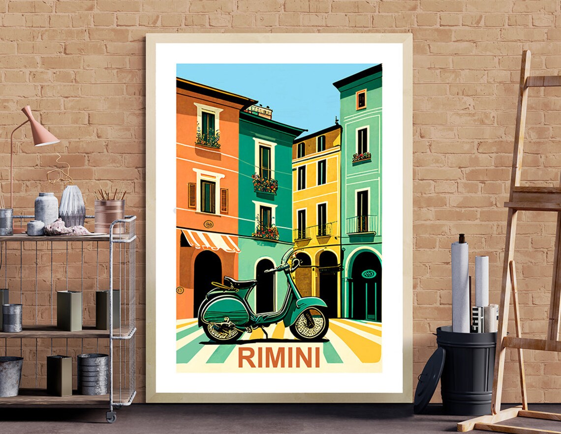 Rimini Italy Vintage Scooter Street Retro Italian Travel Poster - Image 3