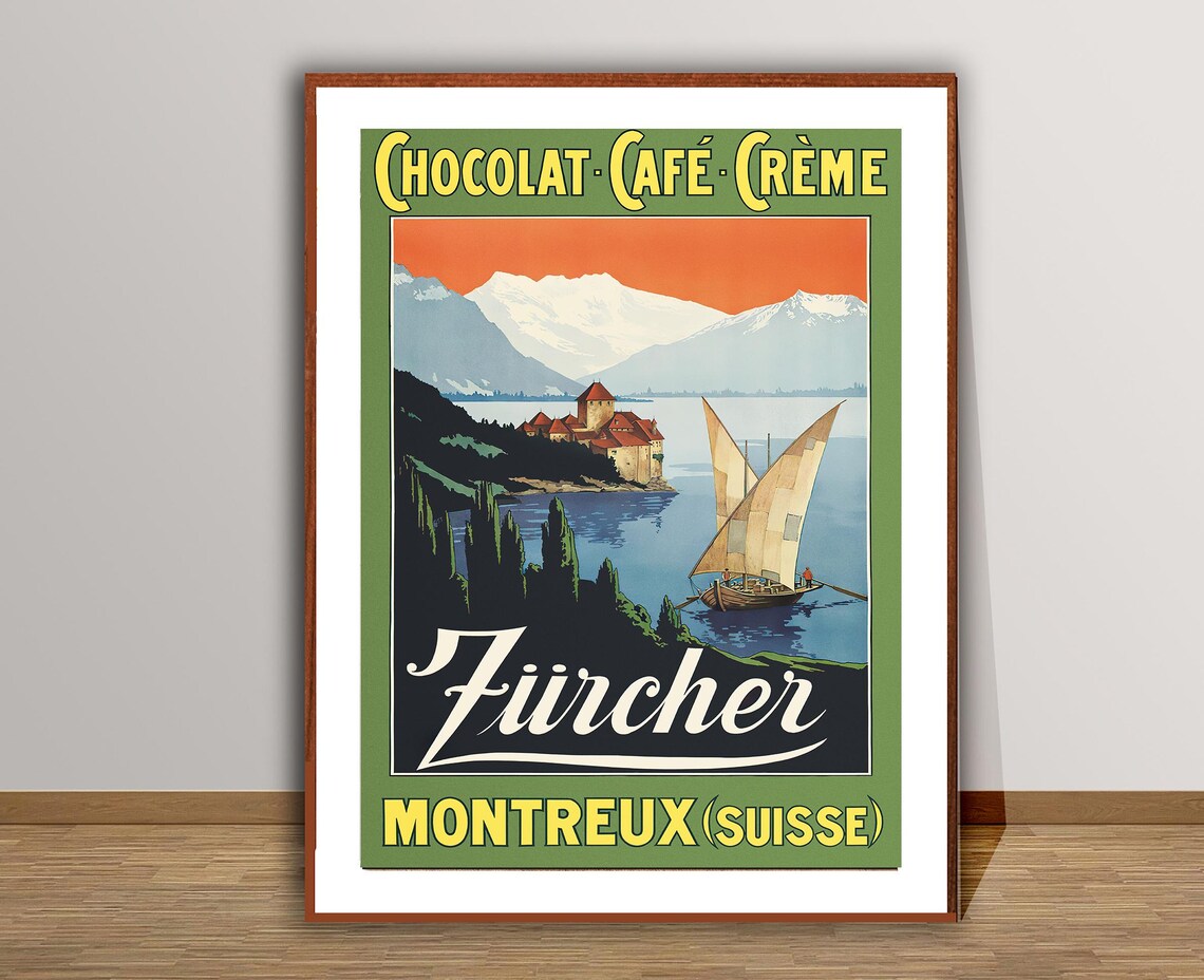 Chocolat Zürcher Montreux Vintage Swiss Chocolate Ad Travel Poster - Image 2