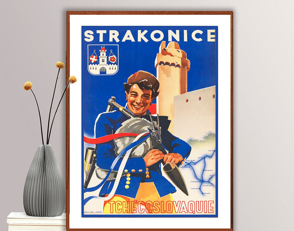 Strakonice Czechoslovakia Vintage Bagpiper Folk Music Travel Poster - Image 2
