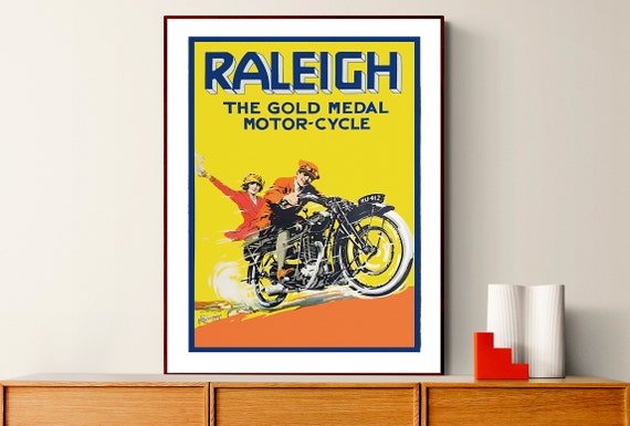 Raleigh The Gold Medal Motor Cycle Vintage Poster Bicycle Advert Sport Poster Retro Poster Wall Decor