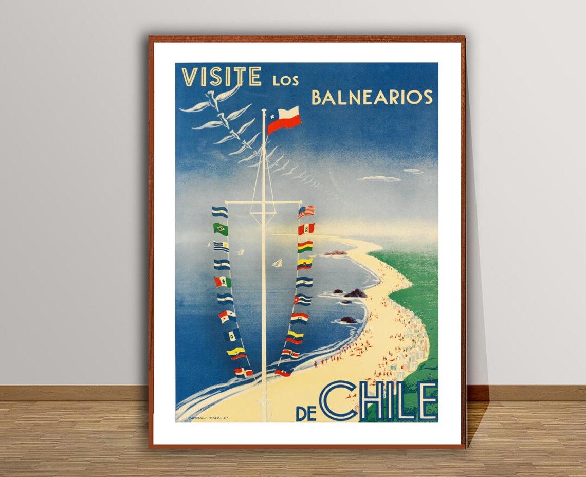 Visite Los Balnearios De Chile Beach Flags Vintage Travel Poster - Image 3