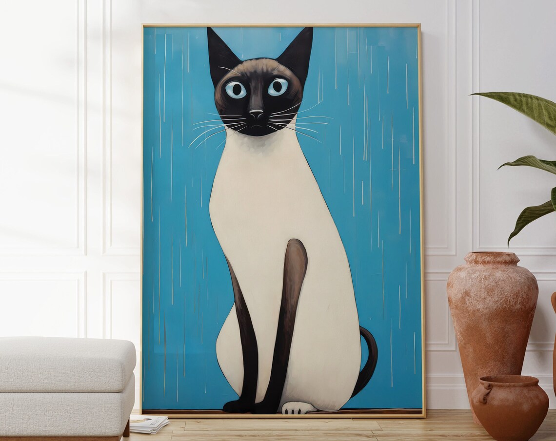 Siamese Cat Blue Eyed Pet Portrait Bright Blue Wall Art Print