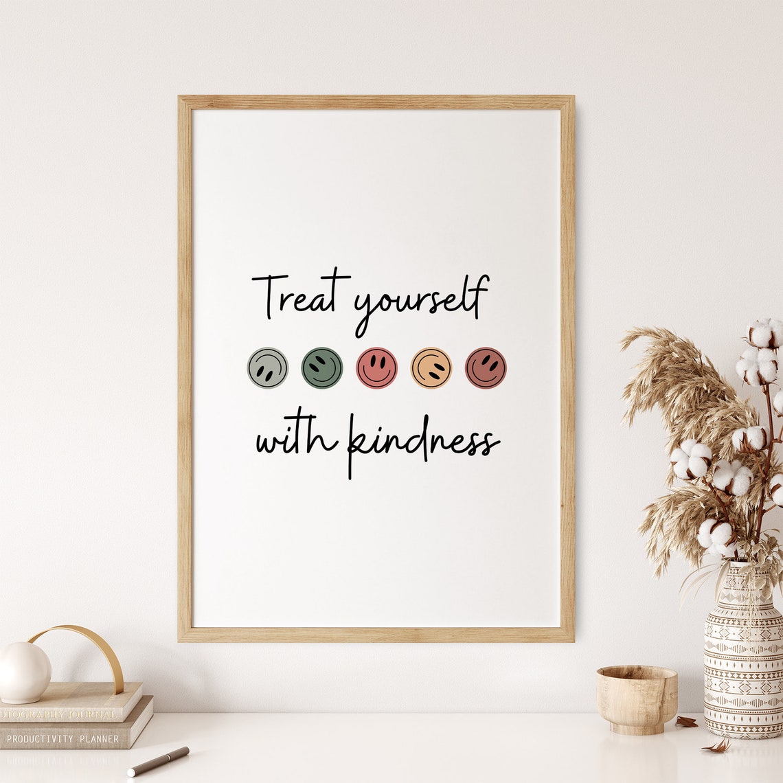 Treat Yourself With Kindness Smiley Face Boho Minimalist Poster - Image 6