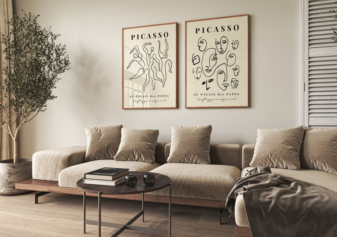 Picasso Line Art Faces Exhibition Style Beige Minimalist Poster - Image 3