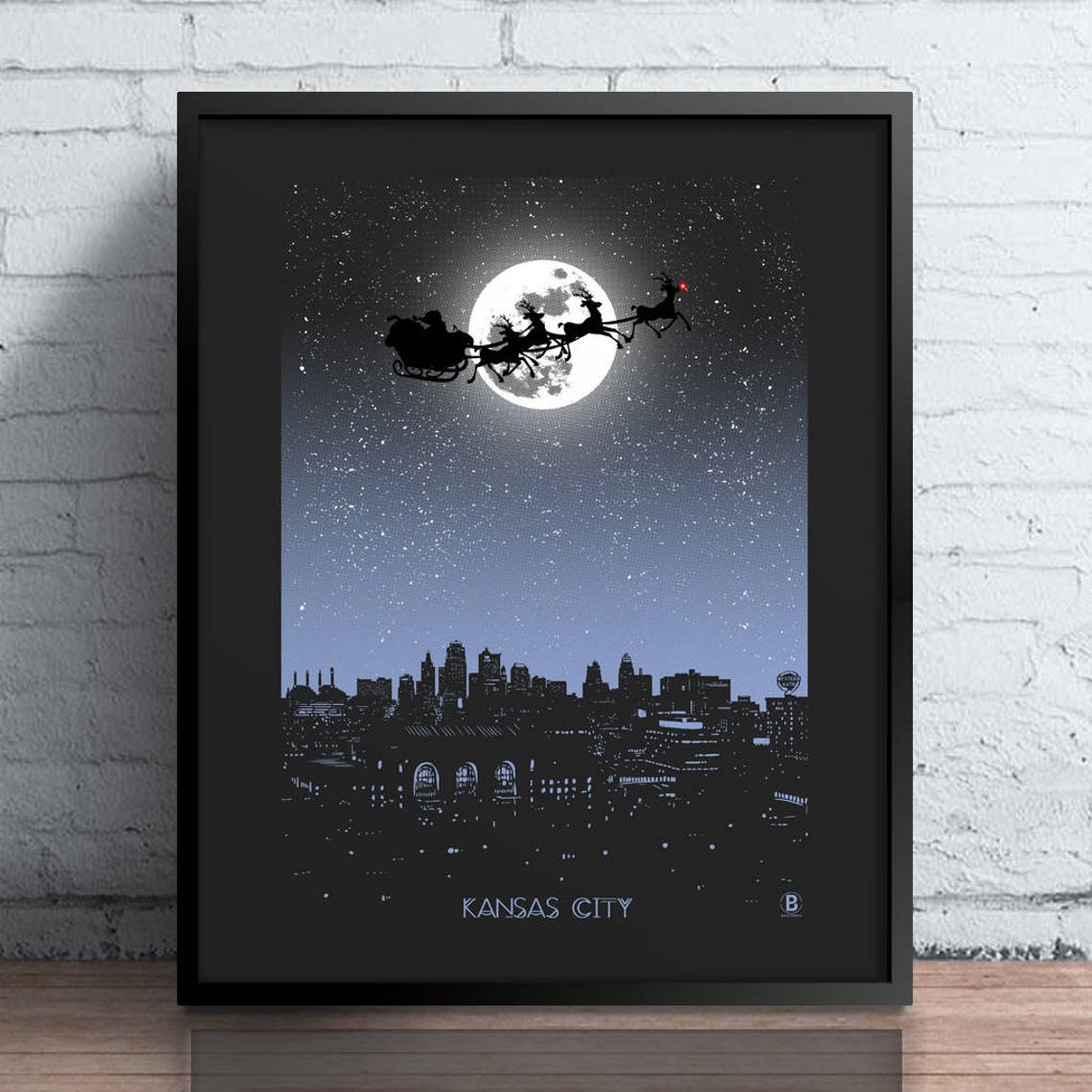 Kansas City Santa Sleigh Full Moon Christmas Night Skyline Poster