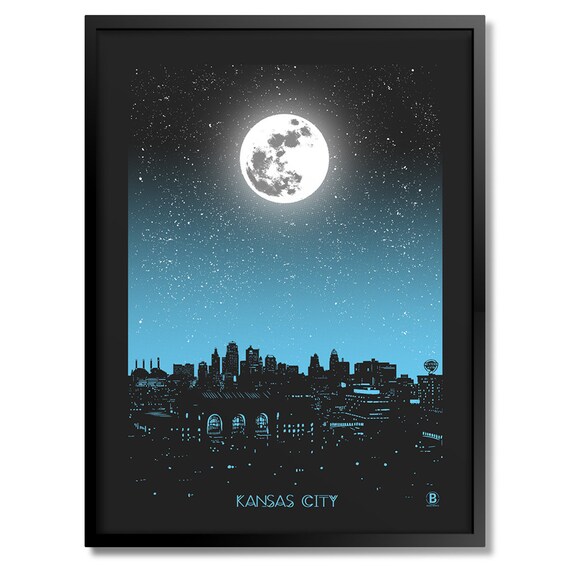 Kansas City Full Moon Night Skyline Starry Station Scene Poster