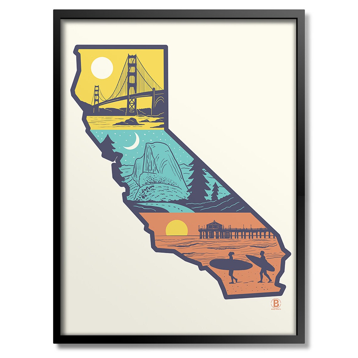 Layers of California Golden Gate Yosemite Surf Vintage Poster