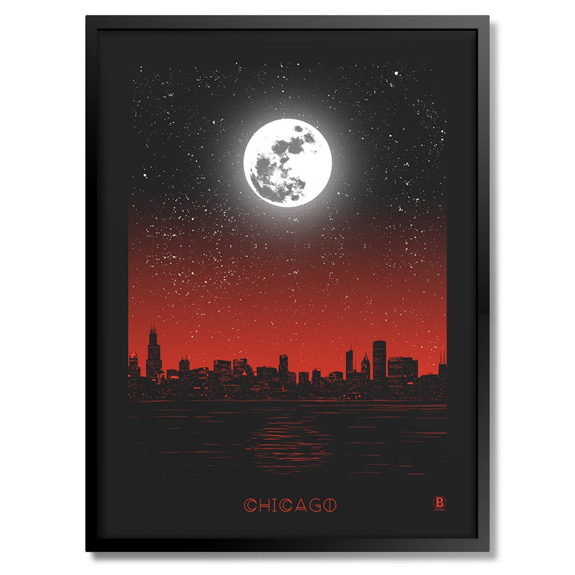Chicago Illinois Full Moon Red Night Skyline Lake View Poster