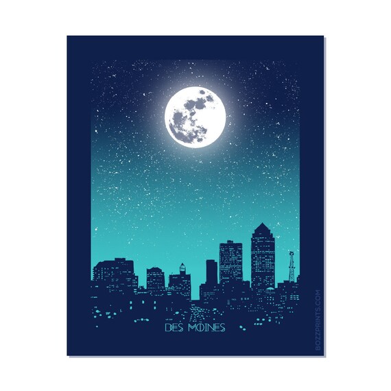Des Moines Full Moon Night Sky Starry Teal Skyline Art Poster