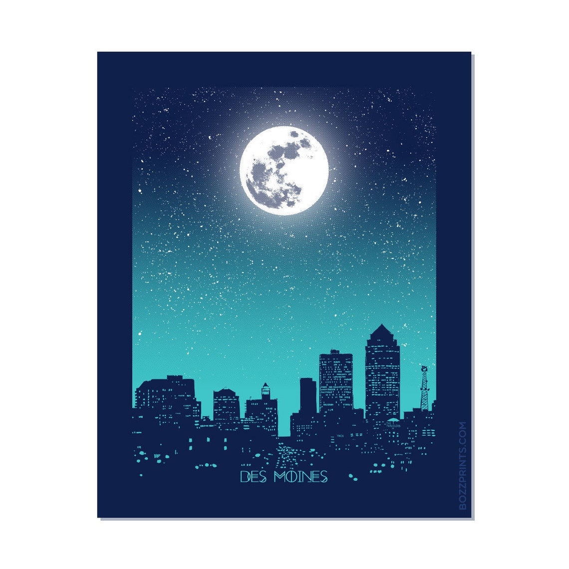 Des Moines Full Moon Night Sky Starry Teal Skyline Art Poster