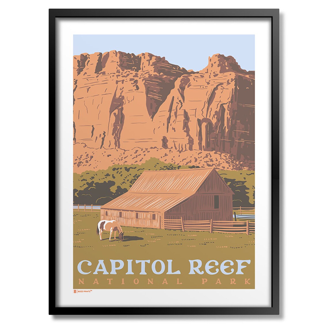 Capitol Reef National Park Fruita Barn Red Cliffs Vintage Travel Poster
