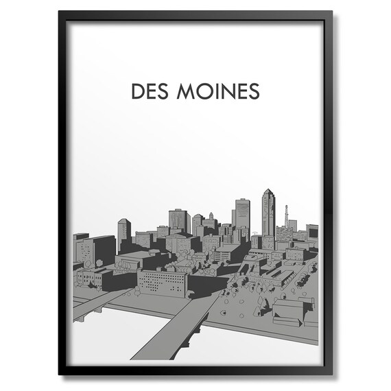 Des Moines Iowa Skyline Monochrome Minimalist City Decor Poster