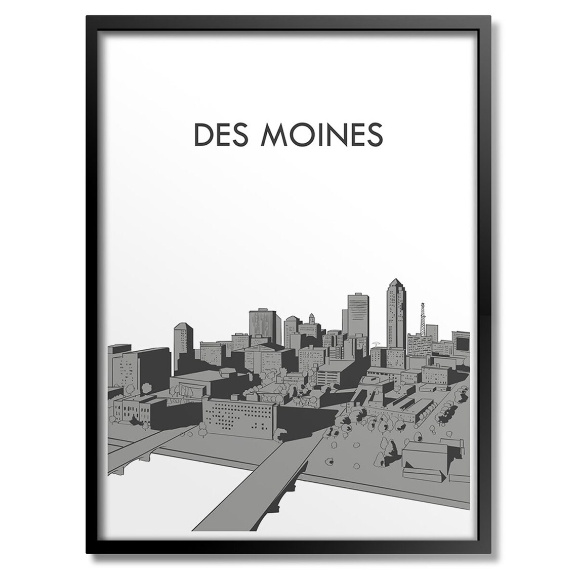 Des Moines Iowa Skyline Monochrome Minimalist City Decor Poster