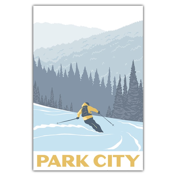 Ski Park City Utah Powder Turns Pine Forest Vintage Style Travel Poster