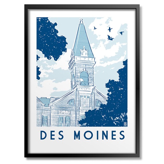 Des Moines Iowa Historic Old Main Building Blue Line Art Travel Poster
