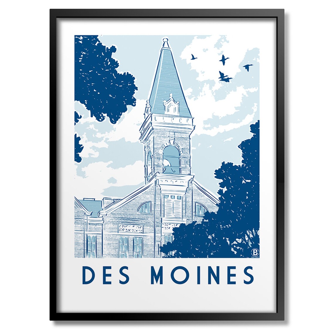 Des Moines Iowa Historic Old Main Building Blue Line Art Travel Poster