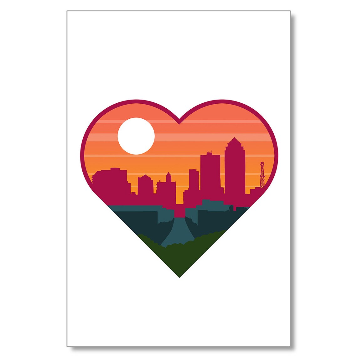 Des Moines Iowa Skyline Heart Poster Sunset Cityscape Love Gift Wall Decor