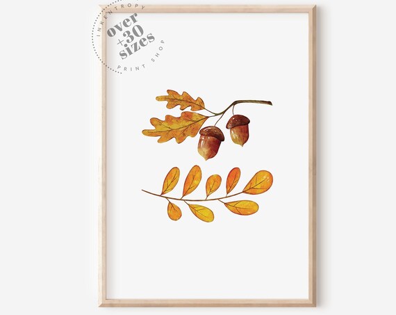 Autumn Botanical Watercolor Oak Leaves Acorns Fall Decor Art Print