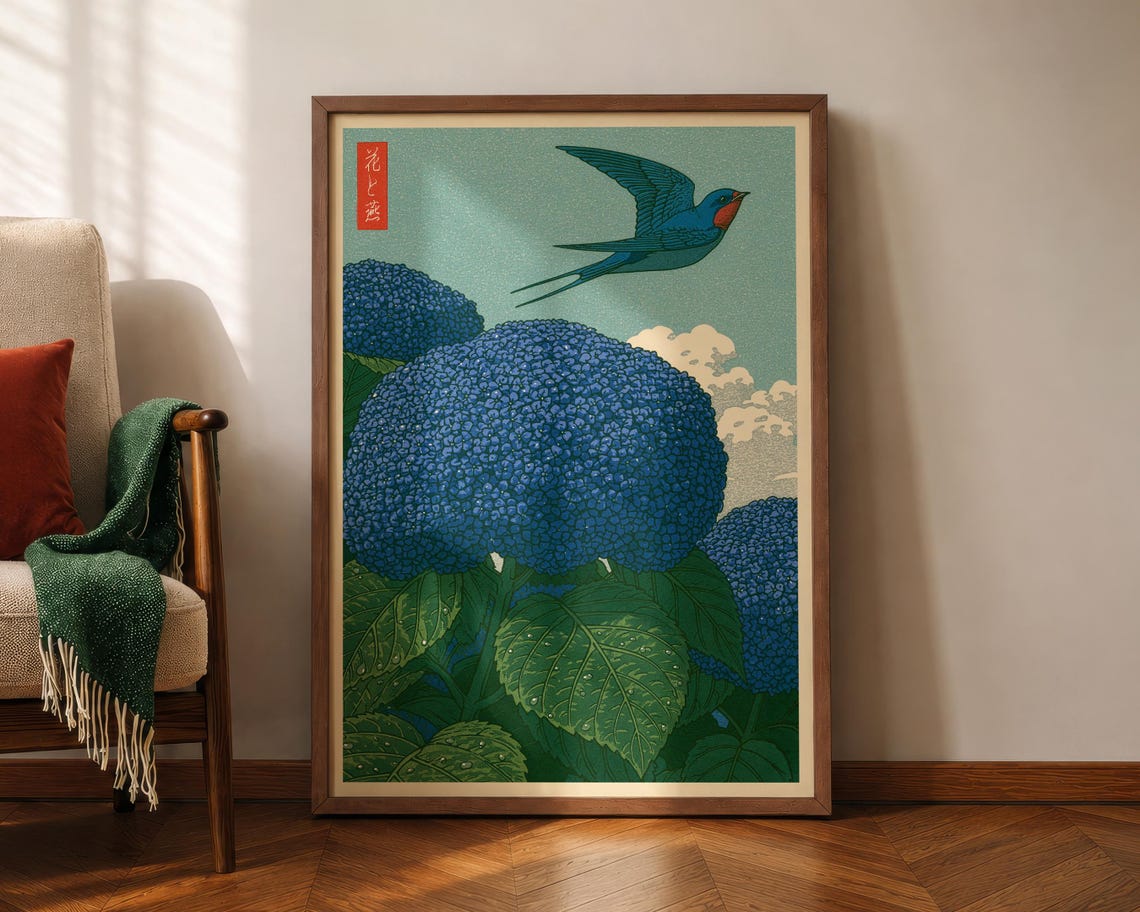 Japanese Swallow Blue Hydrangea Blossom Vintage Woodblock Poster