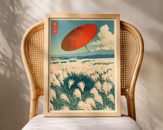 Japanese Red Umbrella Poster Pampas Field Print Living Room Decor Hasui Kawase Inspired Hiroaki Takahashi Style Shinhanga Wall Art