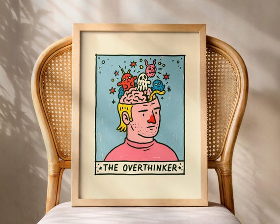 Funny Overthinker Doodle Poster Dopamine Decor Quirky Personality Wall Art Colorful Tarot Illustration