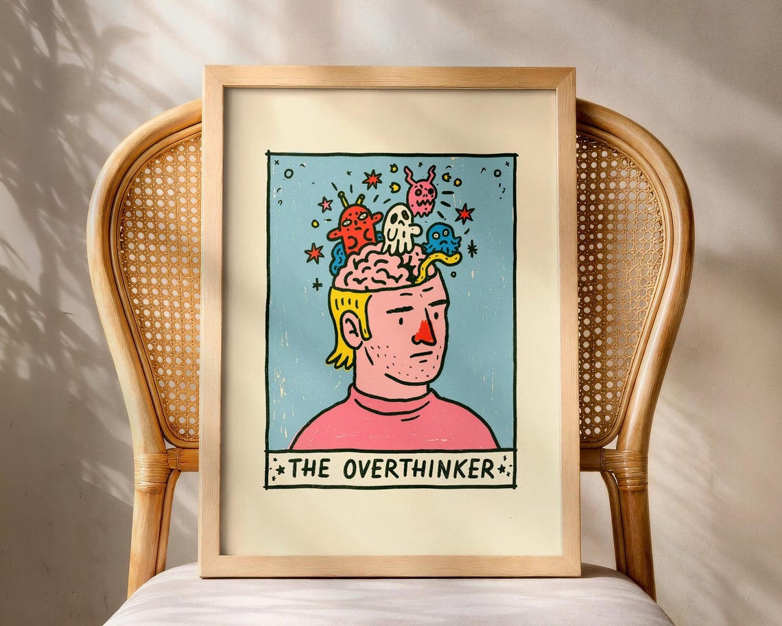 Funny Overthinker Doodle Poster Dopamine Decor Quirky Personality Wall Art Colorful Tarot Illustration