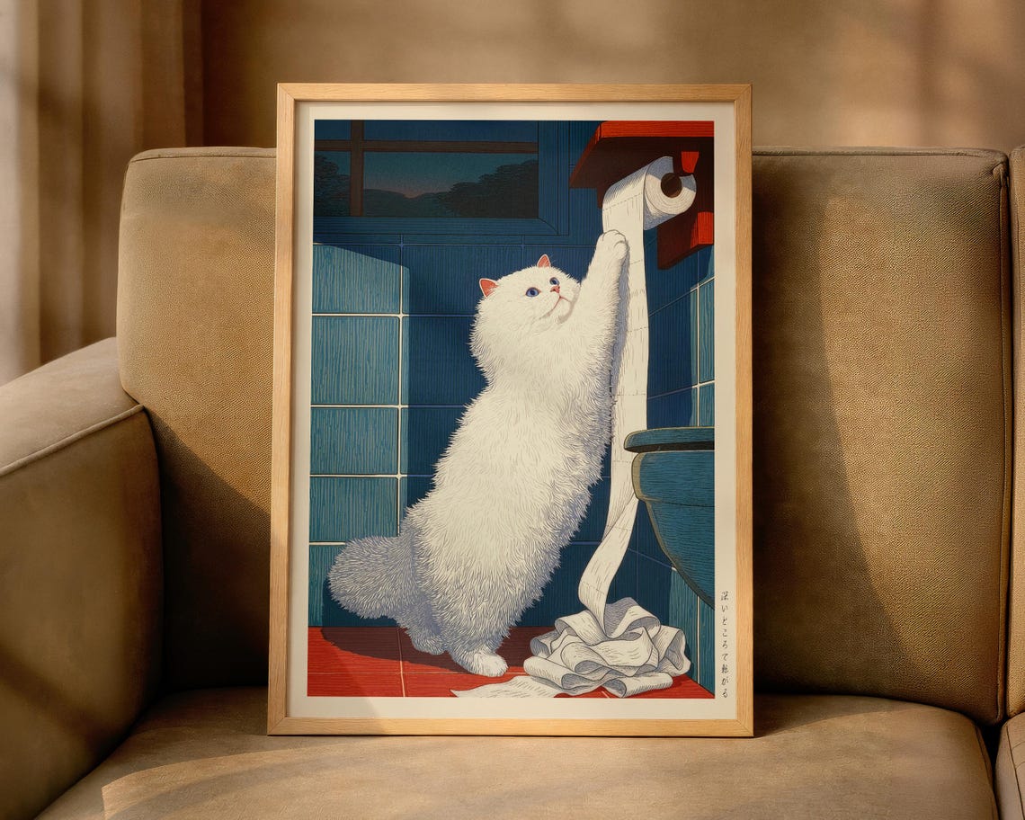 Funny White Japanese Cat Unrolling Toilet Paper Cute Bathroom Poster