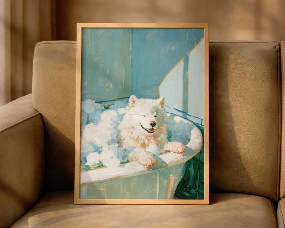 Samoyed Bathroom Wall Art Print Fluffy Dog Bathtub Poster Funny Whimsical Colourful Bath Decor