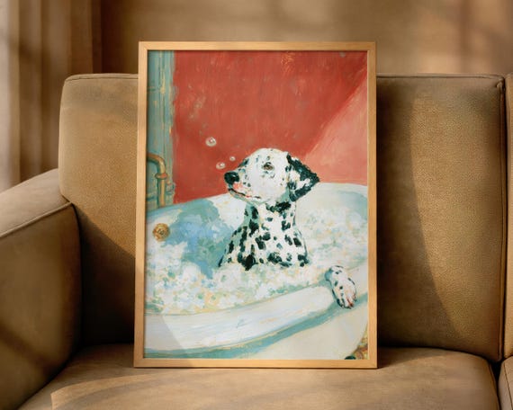 Dalmatian Bathroom Wall Art Print Bathtub Poster Funny Whimsical Dog Colourful Bath Decor