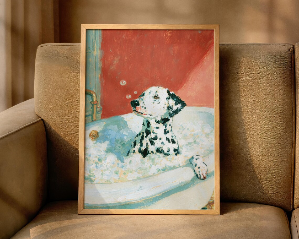 Dalmatian Bathroom Wall Art Print Bathtub Poster Funny Whimsical Dog Colourful Bath Decor