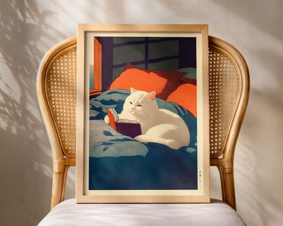Japanese Cat Poster Reading Bedroom Print Funny Wall Art Hasui Kawase Hiroaki Takahashi Style Shinhanga