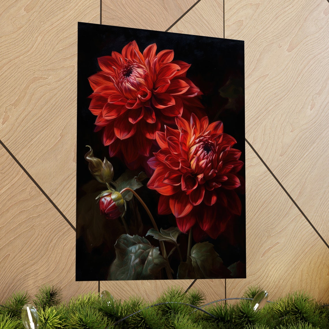 Crimson Red Dahlia Blooms Moody Dark Floral Botanical Art Print - Image 2