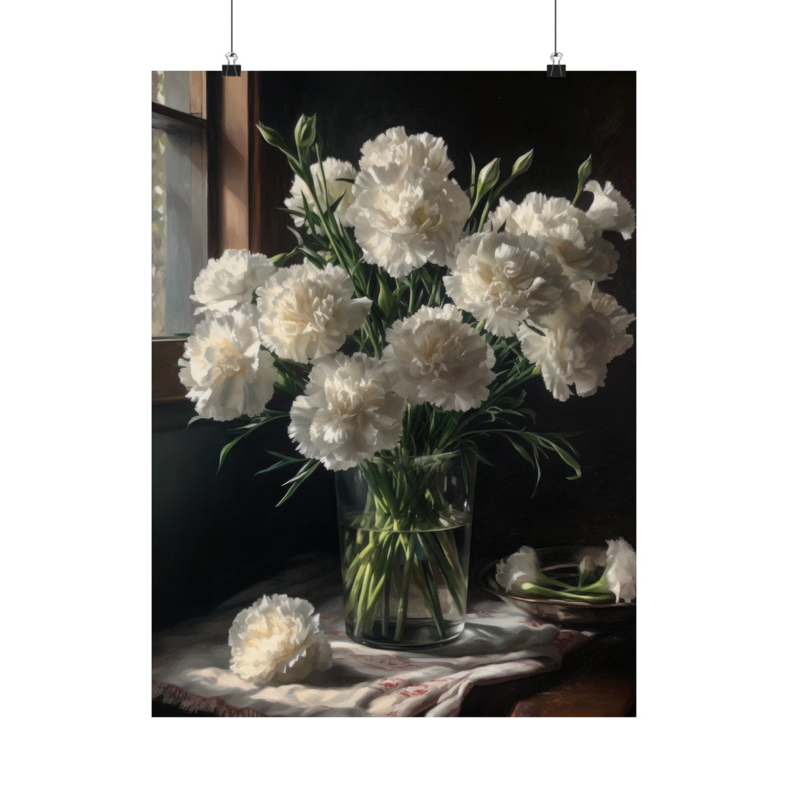 White Carnation Bouquet Window Light Soft Classic Floral Art Poster - Image 5