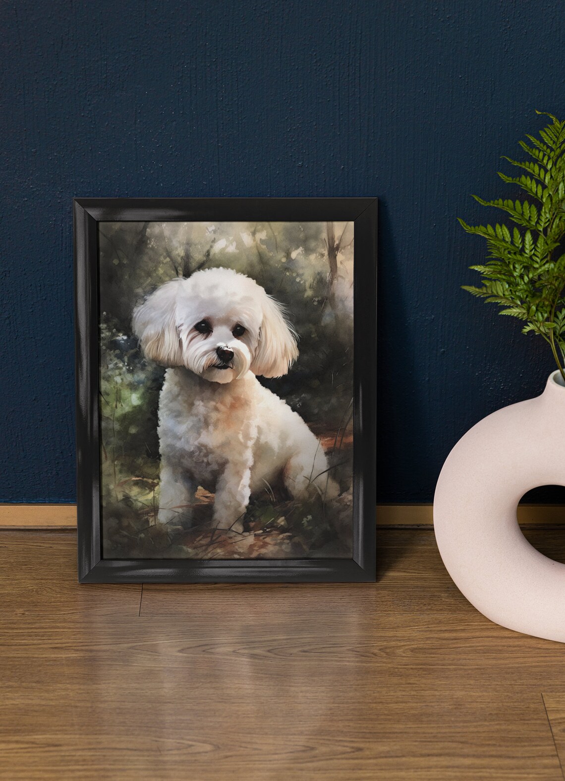 White Bichon Frise Sitting In Garden Fluffy Coat Watercolor Dog Print