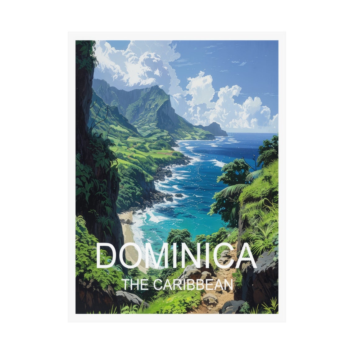 Dominica Caribbean Coast Lush Green Cliffs Turquoise Sea Poster - Image 3