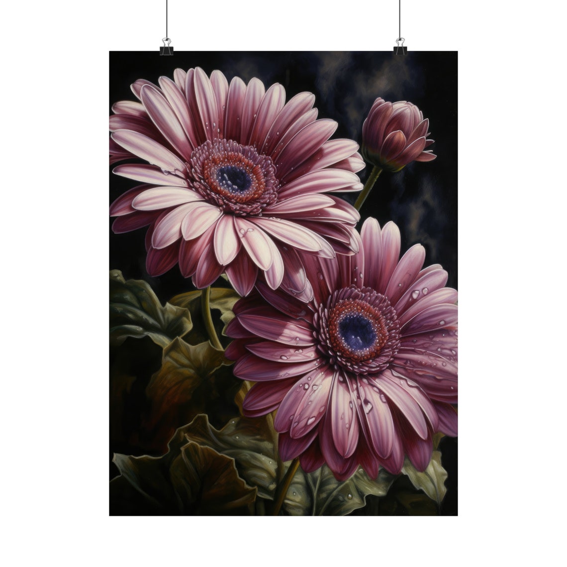 Purple Gerbera Daisy Blooms Dewy Petals Dark Background Floral Poster - Image 5
