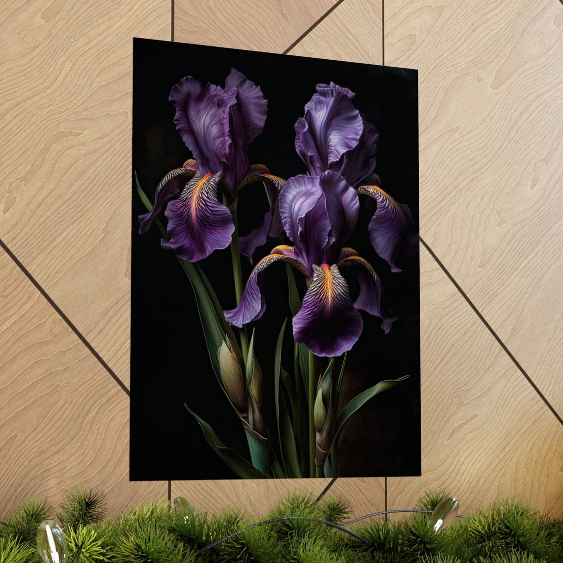 Purple Iris Violet Blooms Gold Beards Dark Dramatic Floral Poster - Image 2