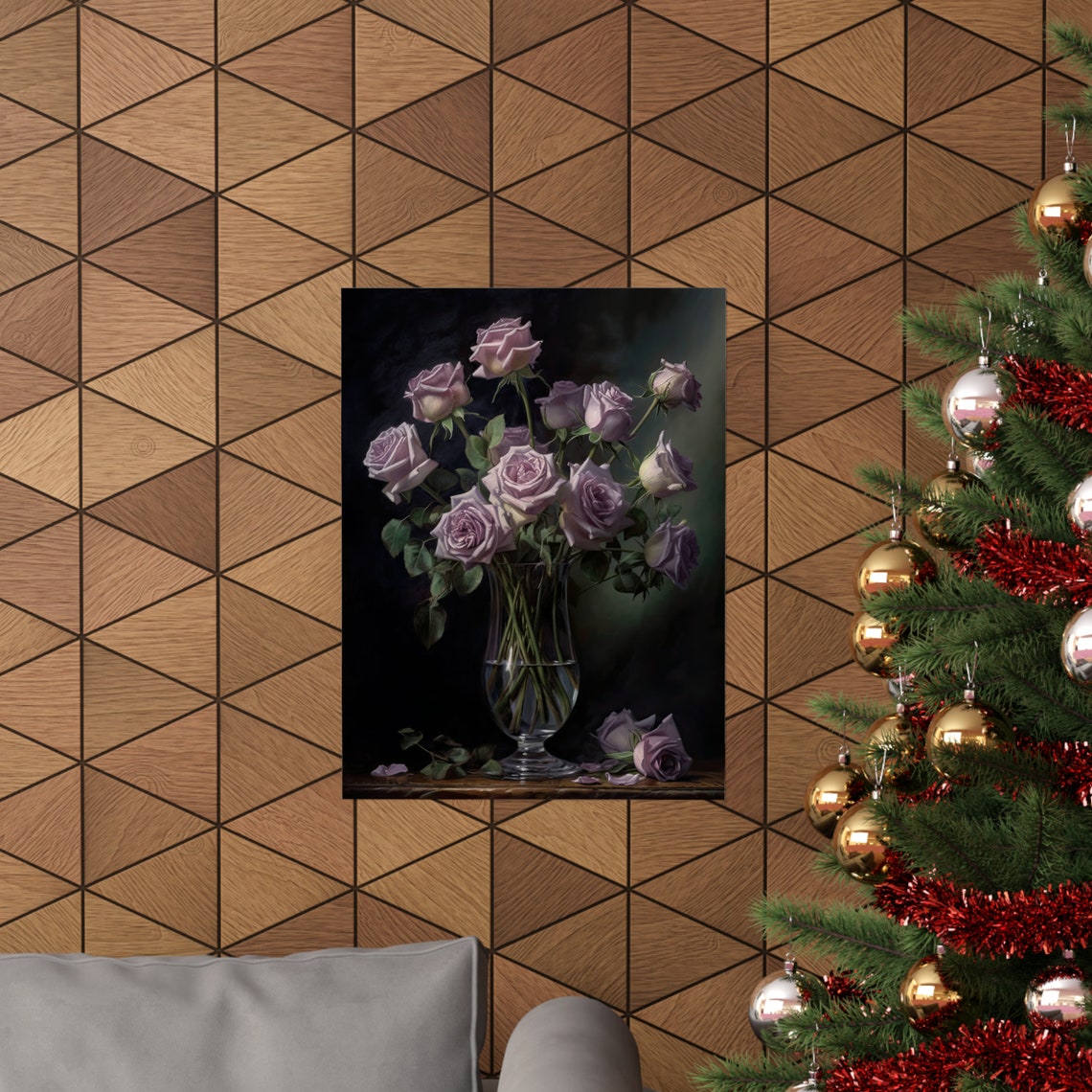 Lavender Roses Glass Vase Moody Still Life Botanical Wall Art - Image 3