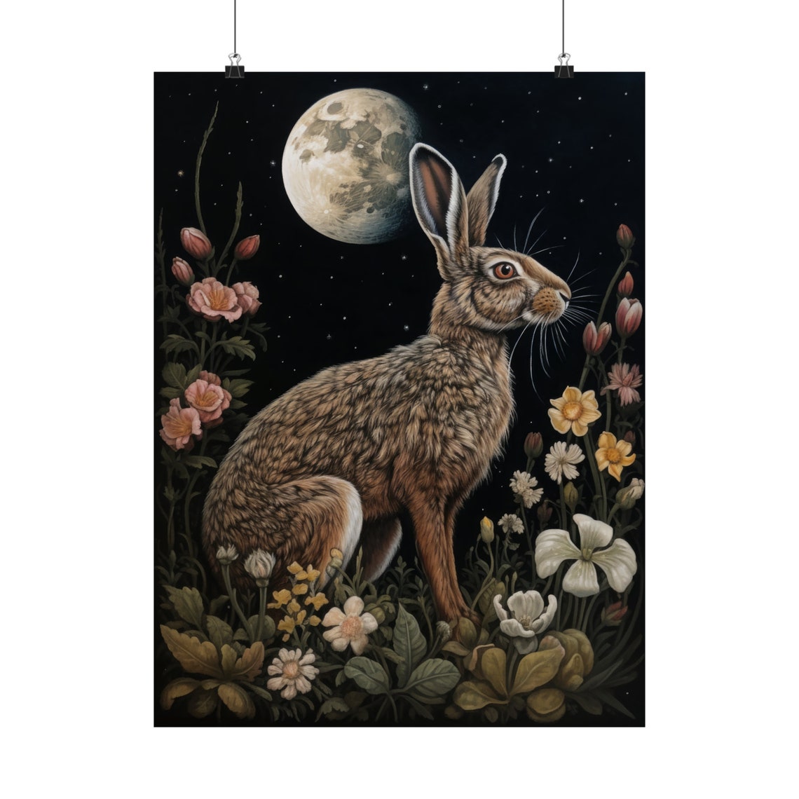 Wild Hare Gazing at Moon Dark Academia Wildflower Night Poster - Image 5