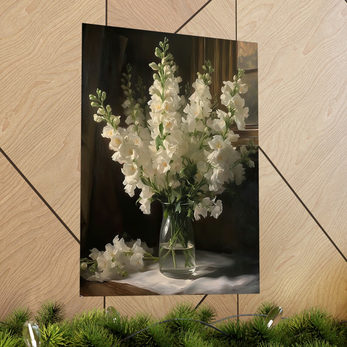 White Snapdragons Glass Vase Dark Still Life Floral Wall Art - Image 2