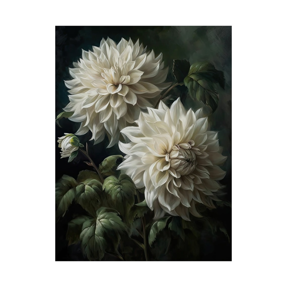 White Dahlias Dark Moody Botanical Oil Painting Floral Wall Art - Image 4