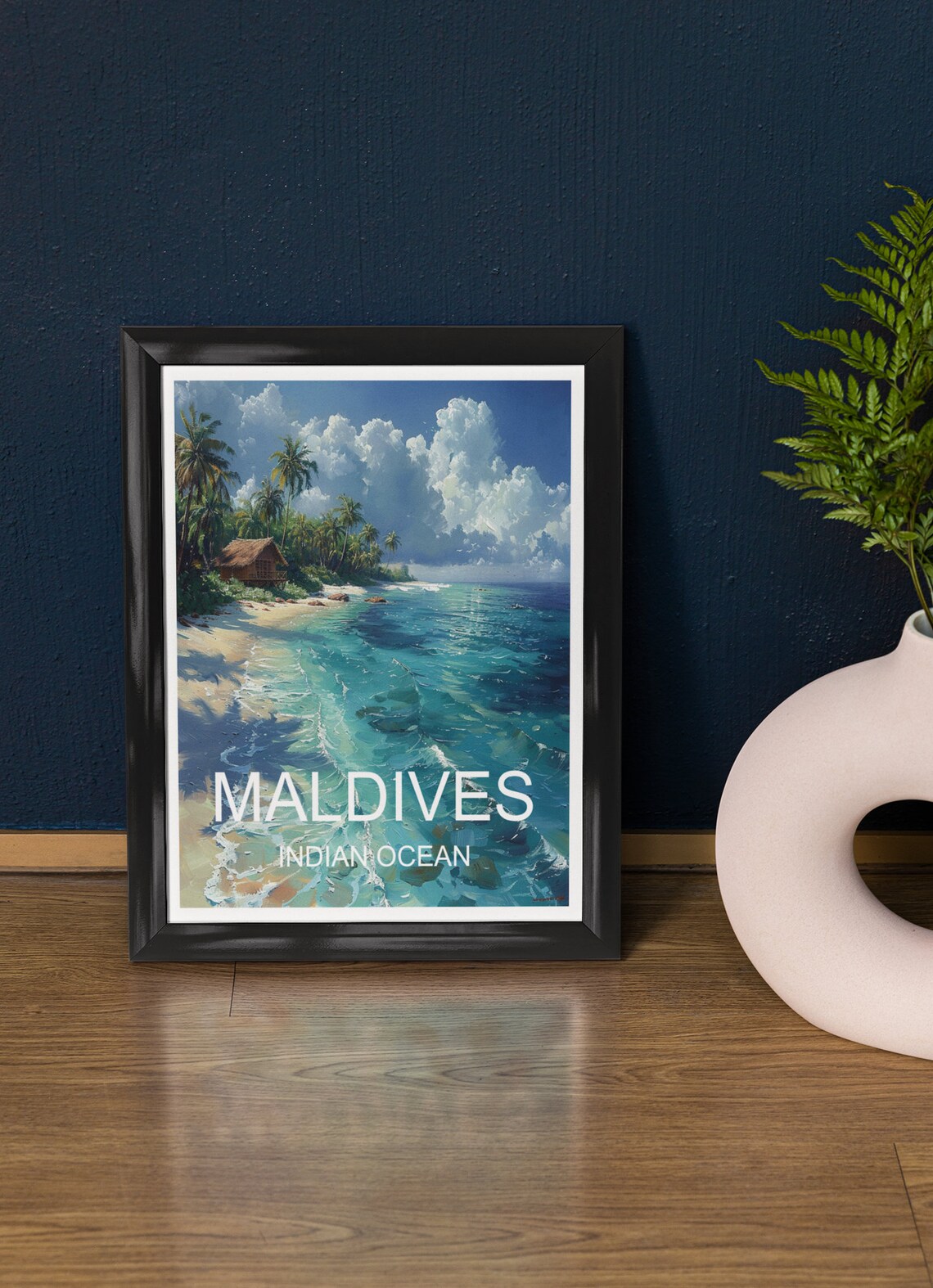 Maldives Indian Ocean Tropical Beach Palms Turquoise Sea Travel Poster